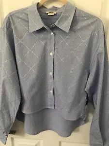 Jason Wu Womens Small Rhinestone Shirt Blue/White Blouse Button Up $245 - Picture 1 of 4