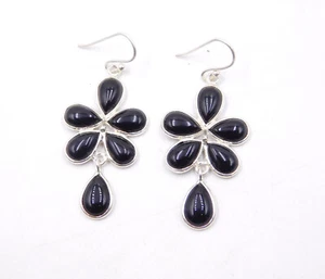 5.90 GM 925 Argento Sterling Naturale Onice Nera Cab Gemma Orecchino Size 4.8cm - Foto 1 di 4