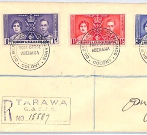 GILBERT & ELLICE ISLANDS Cover *Abemama* KGVI CORONATION 1937 Registered YR36 - Picture 1 of 12
