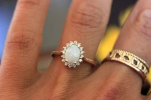 Vintage Natural Oval Fire Opal Yellow Gold Plated Silve Engagement Ring For Her - Picture 1 of 4