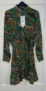 ZARA GREEN PAISLEY PRINTED COLLARED MINI SHIRT DRESS WITH RUFFLED HEM SIZE M NEW - Picture 1 of 10