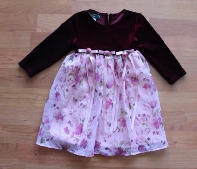 COLECCIÓN BISCOTTI Vestido Floral Niña 18 M Borgoña Terciopelo Rosa Gasa Foto 1 de 4