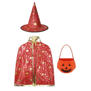 Kids Child Witch Wizard Cloak Cape Halloween Outfits Pointed Hat Pumpkin Bag AU - Picture 1 of 72