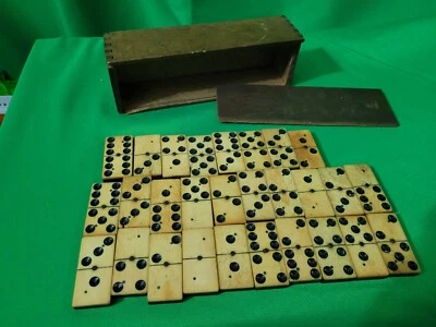 Antique Bone And Ebony Dominoes 28 brass pin/pinned w/ wooden box - Image 1 of 4