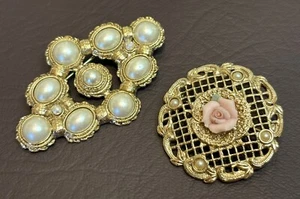 VTG Unsigned 1928 Filigree Gold Tone Ceramic Pink ROSE Faux Pearl Brooch Pin Lot - Picture 1 of 7