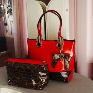 2 PC. Solid Deep Red Patent Leather w Cheetah Print Tote & Extra Bag, Front Bow - Picture 1 of 15