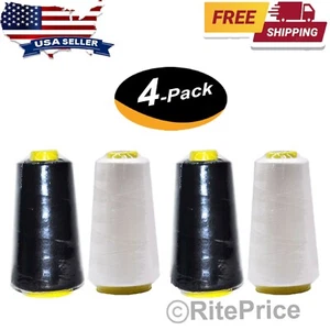 4 Pcs (2 WHITE & 2 BLACK) 2500 Yards Each Spools Sewing Thread 100% Polyester - Picture 1 of 7