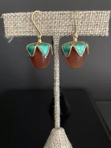 Vintage Chiński eksport emaliowane srebrne wermeil karneolowe kolczyki dangle - Zdjęcie 1 z 3