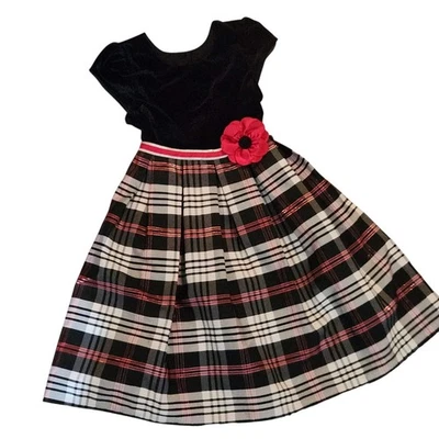 Jona Michelle Christmas Dress Size 6 Girls Black Velour Plaid Taffeta Skirt - Image 1 of 4