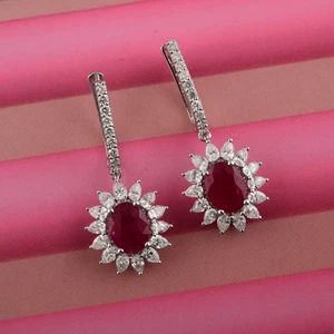 3.76 Tcw Natural SI/H Diamond Ruby Gemstone Hoop Earrings 18k White Solid Gold - Picture 1 of 10