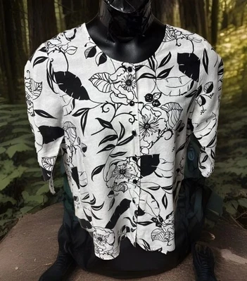 Lo último Blusa Top Algodón Blanco Lino Flores Negras Cuello Redondo Cuadrada Artística Talla M Foto 1 de 4