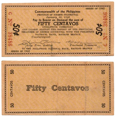 WWII 1942 Philippines Province of Negros Occidental 50 Centavos S633 Legible - Image 1 of 4