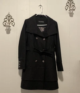 Guess Los Angeles Vintage Wool Blend Pea Coat M Charcoal Long Double Breasted - Picture 1 of 11