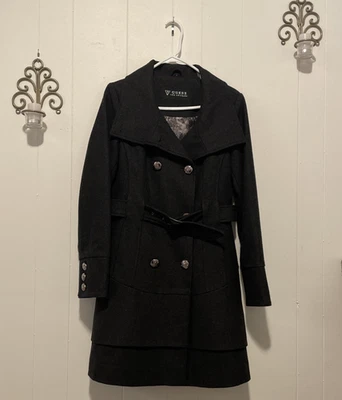 Guess Los Angeles Vintage Wool Blend Pea Coat M Charcoal Long Double Breasted - Image 1 of 4