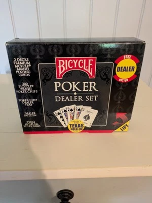 Bicycle Poker & Dealer Set  2 Decks Cards 200 Poker Chips NEW Box is worn some  - Image 1 of 4