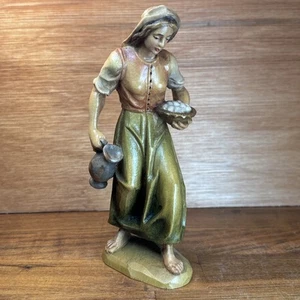 Vintage Woman With Jar And Eggs Nativity Hand Carved Wood 5.75” Tall - Picture 1 of 9