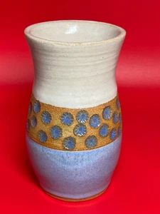 Cream & Blue Glaze Vase w/ Blue Daisy Like Flowers, 6" Tall - Picture 1 of 4