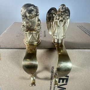 Vintage Heavy Brass Angel And Bear Sitting on Drum Stocking Hanger Holder - Picture 1 of 10