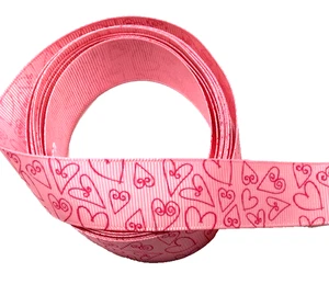 3 yds 7/8" Hearts with Hot Pink Outline on Pink Grosgrain Ribbon 100% polyester - Picture 1 of 5