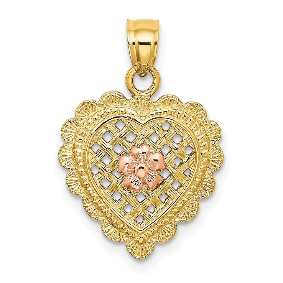 14k Yellow and Rose Gold Flower in Heart Basket Charm K8982