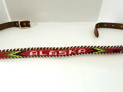 Vtg Leather Cowhide Hand Beaded Native American Canoe Cross ALASKA Belt 34" - Image 1 of 4