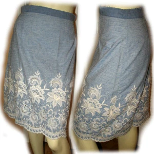Vintage Y2K Chambray Blue Denim A-Line Skirt White Floral Embroidery Cottagecore - Picture 1 of 8