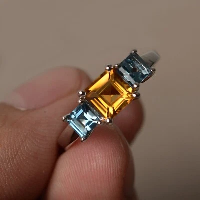 Anillo Corte Cuadrado Londres Topacio Azul y Citrino Plata Esterlina Regalo Cumpleaños Foto 1 de 3
