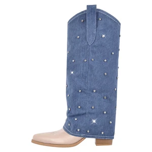Women's Rhinestone Pointed Toe Chunky Heel Fold Over Western Knee High Boots - Picture 1 of 27