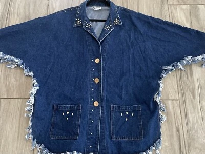 RAMA Vintage Y2K Denim Talla M Chaqueta Poncho Deshilachado Boho Gran Tamaño Adornado Foto 1 de 4
