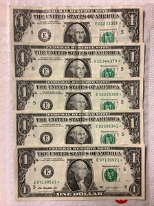 (Lot of 5) "E" District Star Notes One Dollar Bills ☆ Richmond VA Seal FW print - Picture 1 of 3