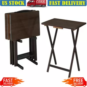 Folding TV Tray Table Set Drinks Snacks Stand Walnut Living Room Bedroom 5-Piece - Picture 1 of 6