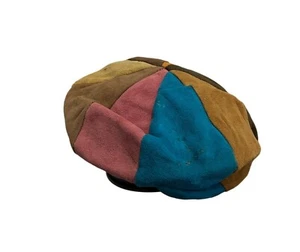 Vintage Multicolor Echt Wildleder Patchwork Baskenmütze Zeitungsjunge Cabbie - Bild 1 von 8