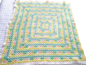 Handmade Crochet Baby Blanket Green/Yellow/Pink 36"X36" Soft colors Baby Shower - Picture 1 of 4