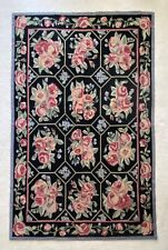 Vintage Needlepoint French Aubusson Rug Pink Roses Floral Black 4x6 EUC