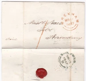 1847 WALES RED HANDSTRUCK UPP 1 WREXHAM WRAPPER DENBIGHSHIRE TO SHREWSBURY - Picture 1 of 1