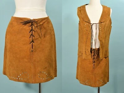 VTG 60s Suede Lace Up Skirt/Vest with Beads, Hippie Boho 2 Piece Set S - Image 1 of 4