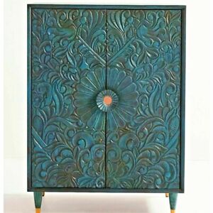 Home Living Room Hand Carved Gulliver Armoire Indigo Decorative Wooden Cabinet M