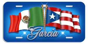 Mexico Puerto Rico Unity Flags Auto License Plate Personalize Latino Hispanic - Picture 1 of 16