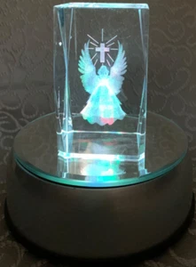 3-D Laser Etched Crystal Floating Angel with Wings, Cross & Lighted Base - Picture 1 of 12