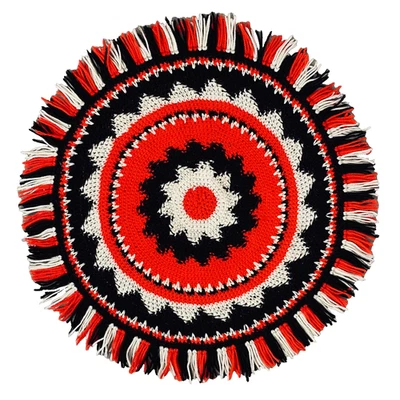 Vintage 1970s small round crochet rug red black white fringe boho 34" handmade - Image 1 of 4
