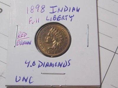 1898 Indian Head Cent RED/BROWN -Uncirculated Cond, Full LIBERTY, 4.0 Diamonds - Image 1 of 4