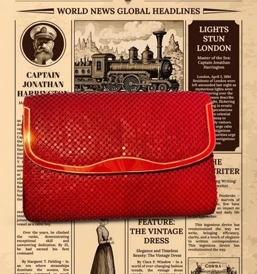 Cartera sin asas roja vintage para mujer malla metálica cuero real broche de botones tono dorado Foto 1 de 4