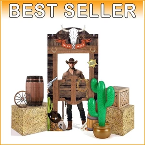 Western Cowboy Party Decoration Kit with Backdrop, Hay Bales & Inflatable Cactus - Picture 1 of 9