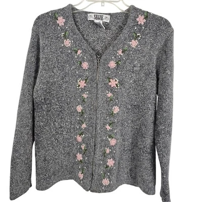 Cárdigan Suéter Granny Core Cottage Cabin Otoño Invierno Gris Tejido Rosa Floral M Foto 1 de 4