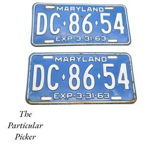 Maryland License Plate Set Tag # DC-86-54 1963 Matching Pair Of 2 GUC Blue/White - Picture 1 of 1