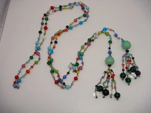 COLLANA VINTAGE MILTI COLOR VETRO PERLINE LARIAT ESTREMITÀ APERTA NAPPA NODO TENUTA - Foto 1 di 11