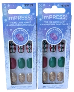 (2 LOTE) KISS imPRESS 30 Uñas Pelar y Prensar Corto Argyle Dorado Brillo Rojo Verde - Imagen 1 de 4