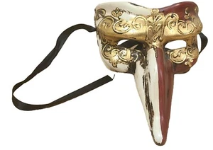 Vintage Venetian Mask Long Nose Red Gold White Party Festival Mardi Gras - Picture 1 of 8