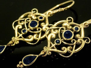 E104 Genuine 9K Gold NATURAL Sapphire Drop Dangle Earrings Filigree Ornate - Picture 1 of 1
