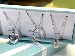 Avon Pendant Three Necklaces Love Marriage Baby Silver Metal Ring Heart Shoe - Picture 1 of 12